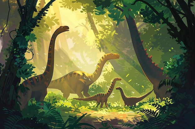 Playful dinosaurs roaming through a prehistoric forest