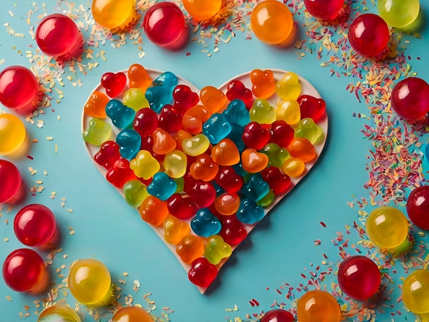 Photo a playful display of colorful gummy bears arranged in a heart shape on a vibrant table