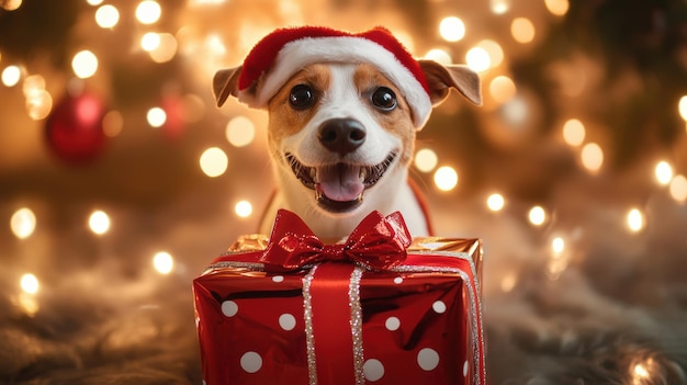 Playful dog dressed as a Christmas present wrapped in glossy festive paper with a bow standing in front of holiday lights