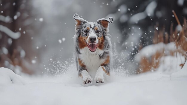 A playful dog enjoys a snowy day in the forest bounding through soft white snowflakes on a brisk winter afternoon