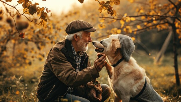 Playful dog and its owner in nature outdoor pragma