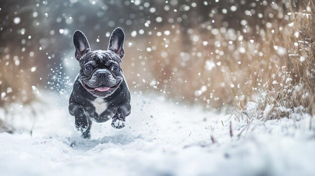 Photo a playful dog joyfully running through a snowy landscape