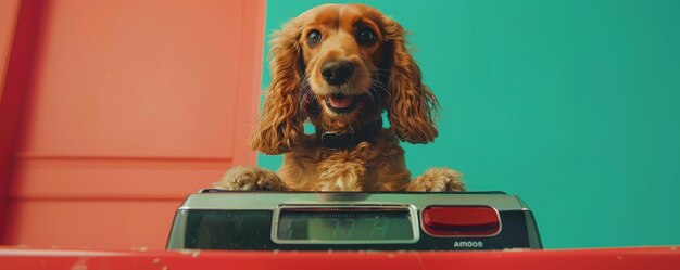 Photo playful dog posing cheerfully in vintage red car against turquoise background capturing the joy and