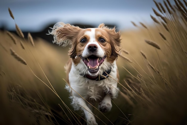 A playful dog running freely in a field of tall grass created with generative AI technology