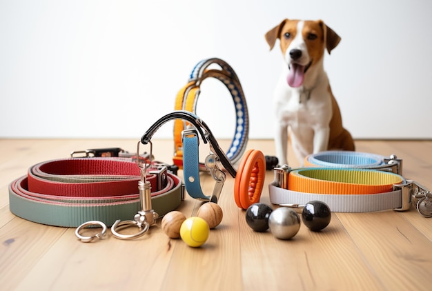 Photo playful dog sitting behind colorful dog collars and toys on wooden floor