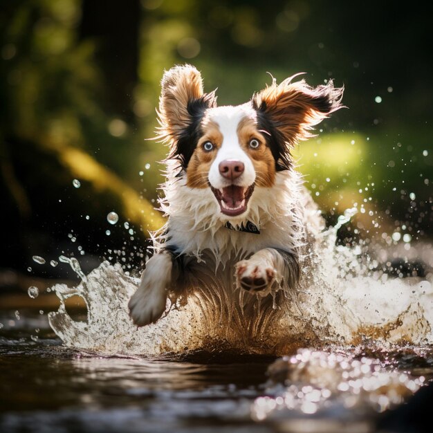 A playful dog splashing in a stream