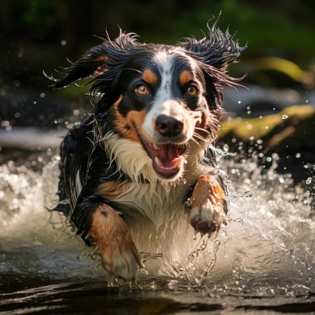 A playful dog splashing in a stream