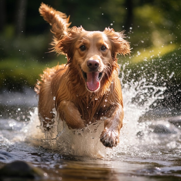 A playful dog splashing in a stream