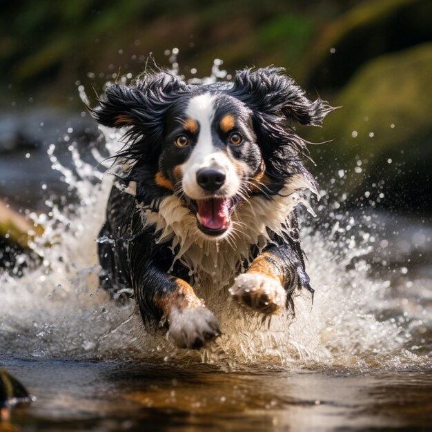 A playful dog splashing in a stream