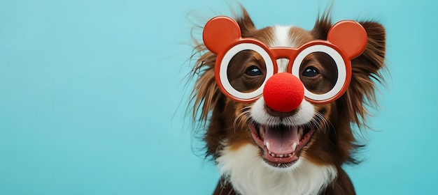 Photo a playful dog wearing oversized glasses and a clown nose on light paste color background with copy space