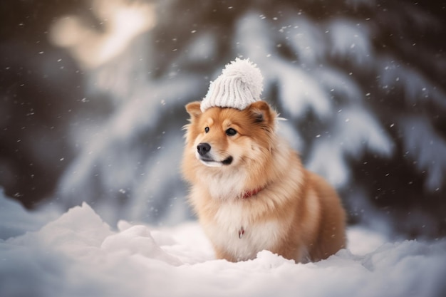 Playful Dog in Winter Wonderland Wearing Festive Hat