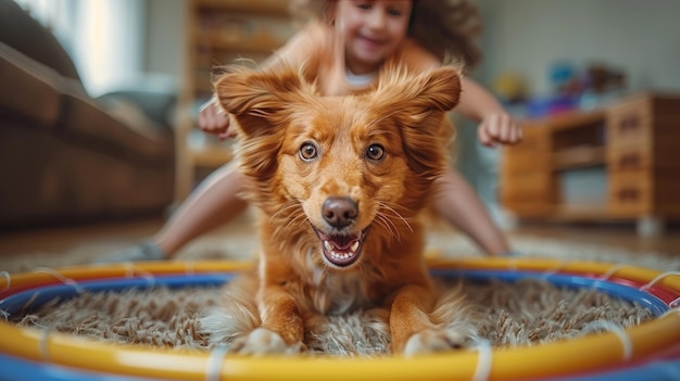 Photo playful dog with girl in the background