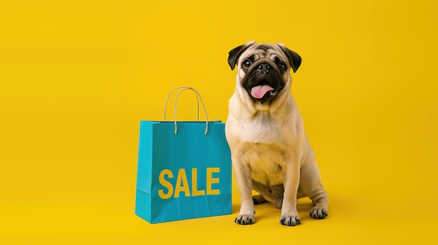 A playful dog with shopping sale bag on bright background