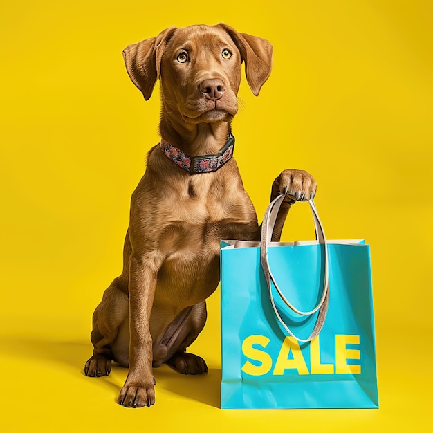 A playful dog with shopping sale bag on bright background