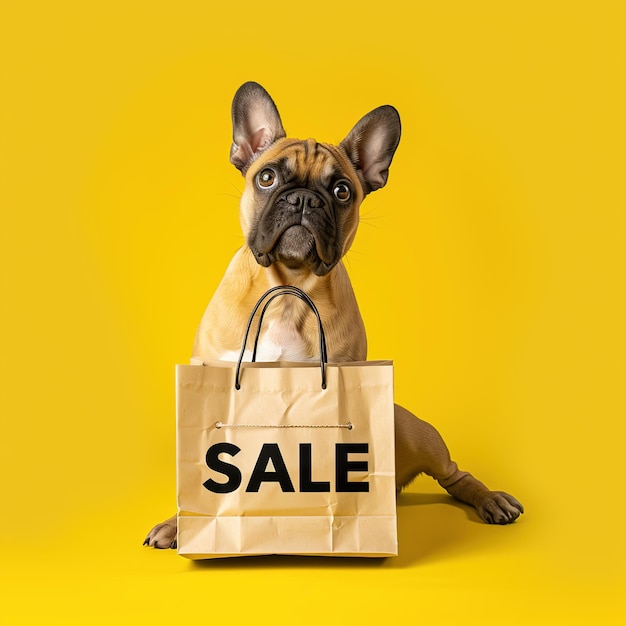 A playful dog with shopping sale bag on bright background