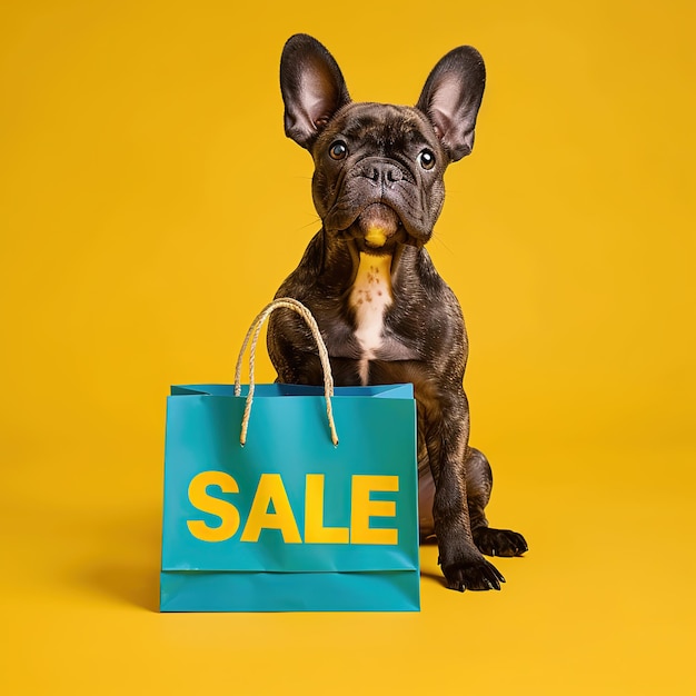 A playful dog with shopping sale bag on bright background