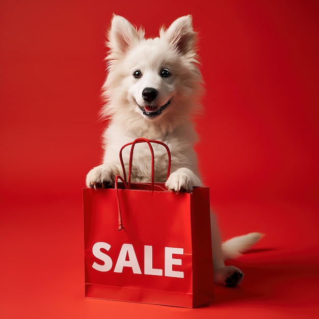 A playful dog with shopping sale bag on bright background