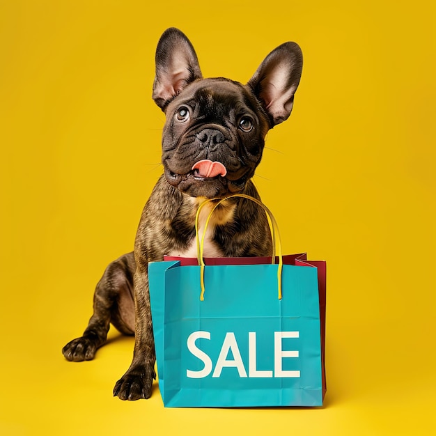 A playful dog with shopping sale bag on bright background