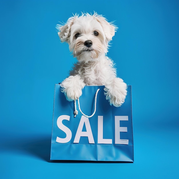 A playful dog with shopping sale bag on bright background