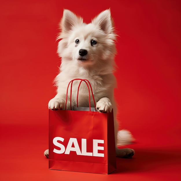 A playful dog with shopping sale bag on bright background