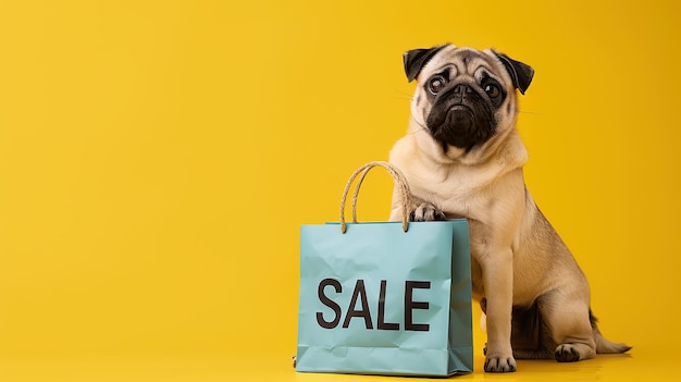 A playful dog with shopping sale bag on bright background