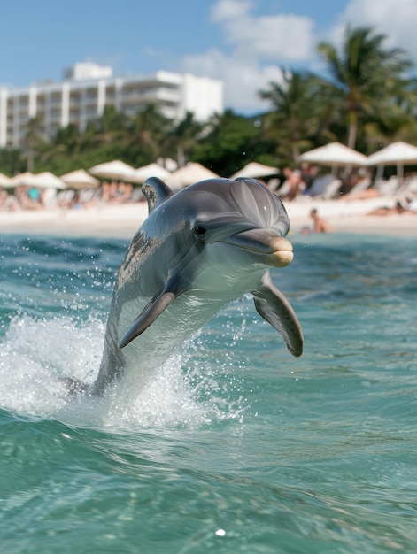 Photo playful dolphin jumping out of tropical ocean waves