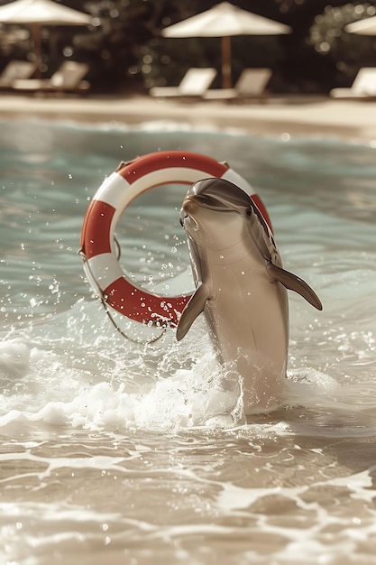 Photo playful dolphin jumping through a lifebuoy