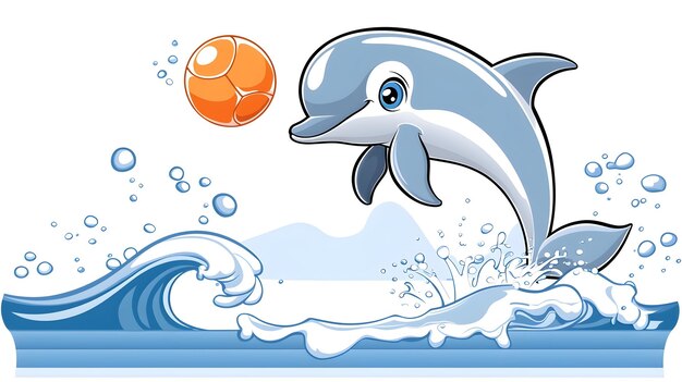 Playful Dolphin Tossing Ball Amidst Splashing Waves in Vibrant Cartoon