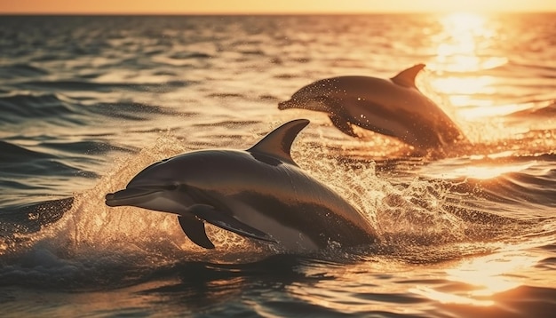 Playful dolphins jumping in the sunset sea generated by AI