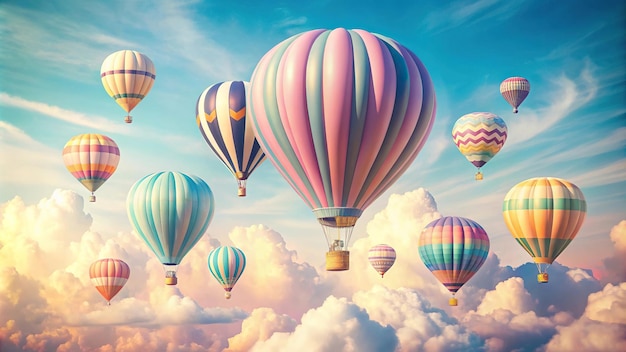 Playful and dreamy pastel colored hot air balloons floating in the sky