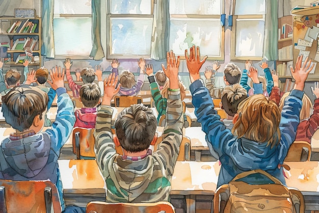 Photo playful elementary school classroom with kids raising hands joyfully