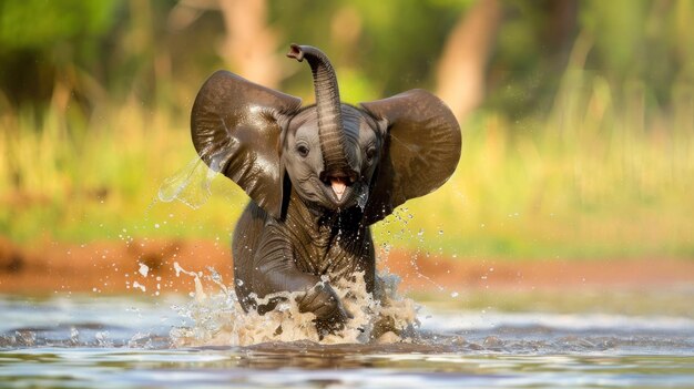 Photo playful elephant calf splashing in water