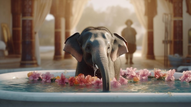 Photo playful elephant enjoying a bath in a bathtub