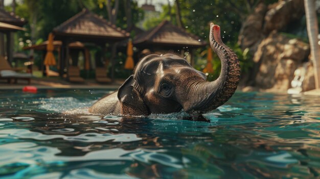 Photo a playful elephant enjoys a dip in the pool its trunk raised high above the surface framed by a tropical resort setting