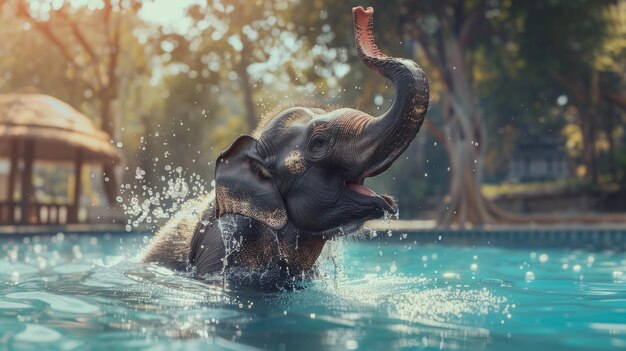 Photo a playful elephant joyfully splashes water in a sundrenched pool exuding pure bliss and freedom amidst nature