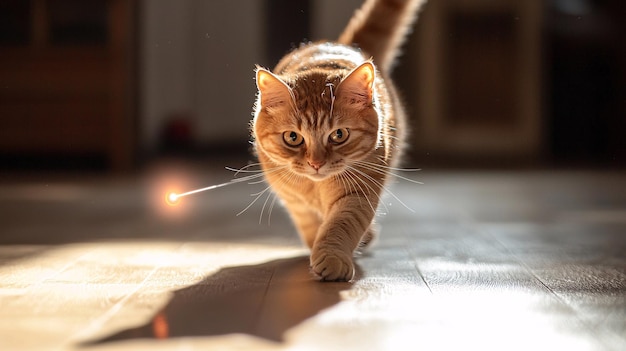 Playful Energetic Cat Chasing Laser Pointer on Wooden Floor Full of Chaos and Fun Keywo