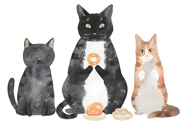 Playful Felines Sharing Onion Rings in Vibrant Minimal