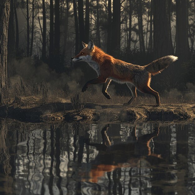 Photo playful fox chasing its own shadow