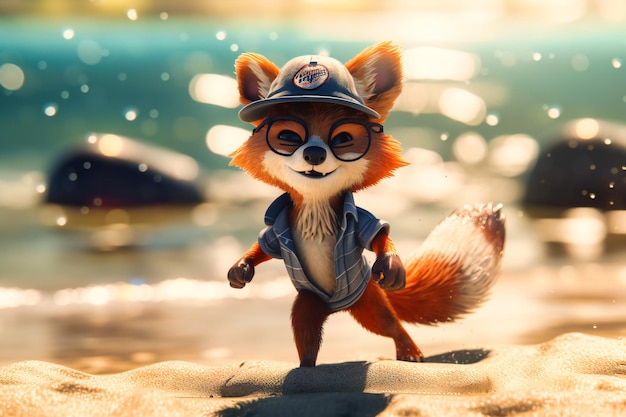 A playful fox wearing a beach hat and sunglasses jumping over a wave on a sandy beach and looking cute