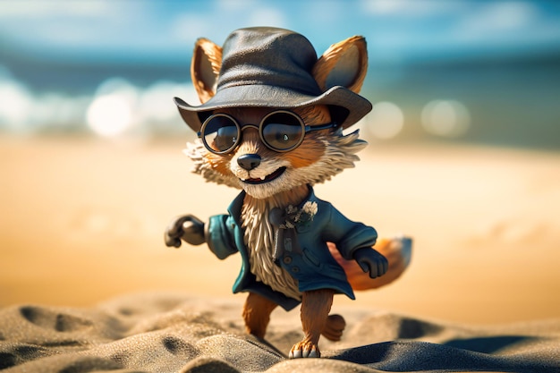 A playful fox wearing a beach hat and sunglasses jumping over a wave on a sandy beach and looking cute