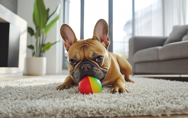 A playful French Bulldog enjoying a colorful ball in a cozy modern living room during daylight