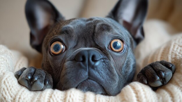 Photo a playful french bulldog peeks curiously from a fluffy knit blanket