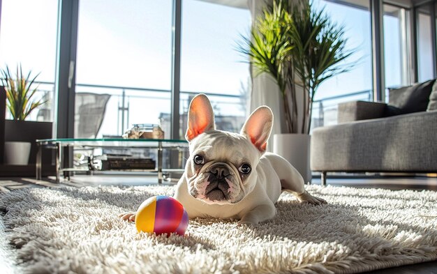 A playful French Bulldog relaxing on a cozy rug beside a colorful ball in a sunlit modern living room