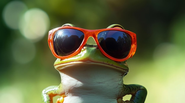 Photo a playful frog sporting bright sunglasses in nature