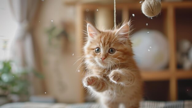 Photo playful ginger kitten engaging with a floating toy in a cozy living room setting