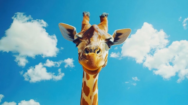 A playful giraffe looks directly at the camera against a bright blue sky with fluffy white clouds during the sunny afternoon