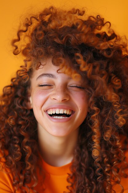 Photo playful girl with curly hair laughing joyfully vibrant and energetic portrait with orange background