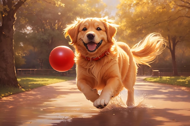 Playful Golden retriever dog jumping and enjoying happily by catch ball with its paws Generated AI