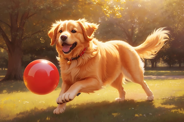 Playful Golden retriever dog jumping and enjoying happily by catch ball with its paws Generated AI