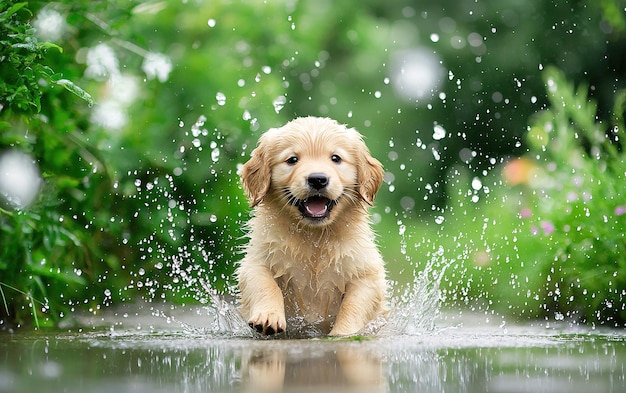 Playful golden retriever puppy splashes through puddles in a lush garden on a rainy day